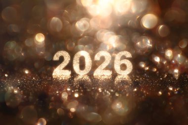 Blurry image of the year 2026 in the center. The image is filled with glitter and has a dreamy, ethereal quality to it. The letters are outlined in gold