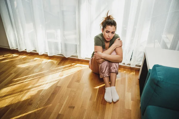 Lonely Young Woman Depression Sit Window Embrace Knees Lost Bad — Foto Stock