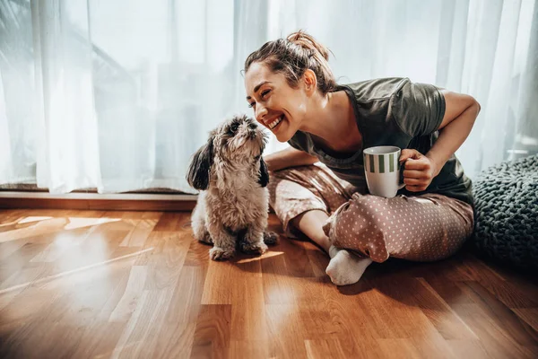 Genç Gülümseyen Bir Kadın Shih Tzu Köpeğiyle Kahvesini Yudumluyor — Stok fotoğraf