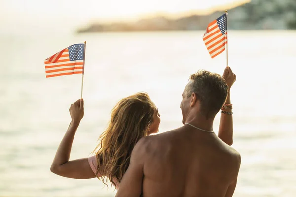 Rear View Loving Couple American National Flag Enjoying Relaxing Day — Stock Photo, Image