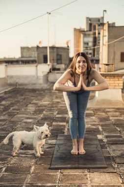 Rahat kadın evcil köpeği tarafından desteklenen bir çatıda yoga egzersizi yapıyor..