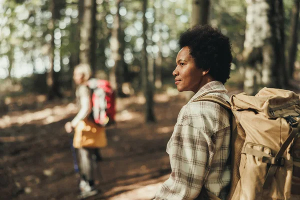 成熟的黑人妇女背着背包在森林中远足 — 图库照片