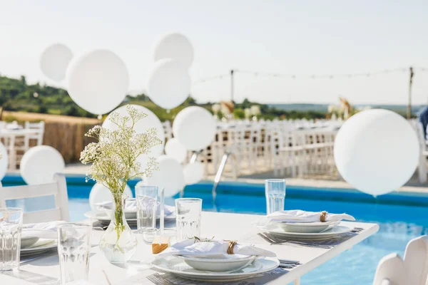 Bruiloft Zwembad Feest Met Ballonnen Achtertuin Buurt Van Wijngaard — Stockfoto
