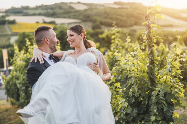 Веселый Жених Несущий Крутящий Свою Невесту Наслаждаясь Винограднике День Свадьбы — стоковое фото
