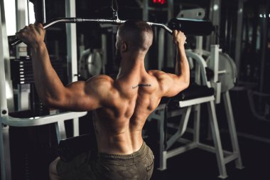 Genç kaslı vücut geliştirici adam spor salonunda sırt kasları için sıkı antrenman yapıyor..