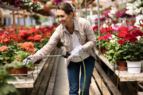 Young Woman Watering Flowers Caring Them Garden Center Plant Nursery — Zdjęcie stockowe