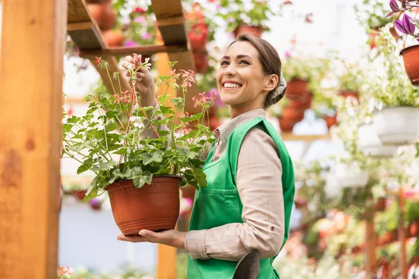 Uśmiechnięta Kobieta Kwiaciarnia Pracuje Kwiatami Centrum Ogrodu Kobieta Przedsiębiorca — Zdjęcie stockowe