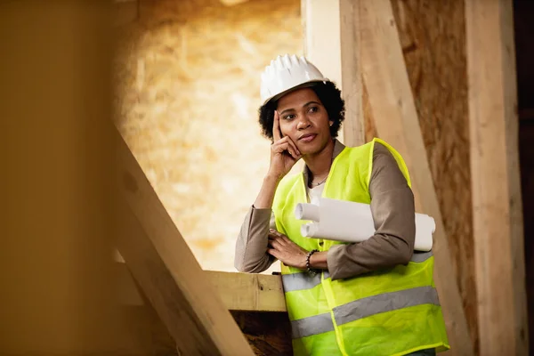 Shot African American Female Architect Checking Construction Site New Wooden — Stock Photo, Image