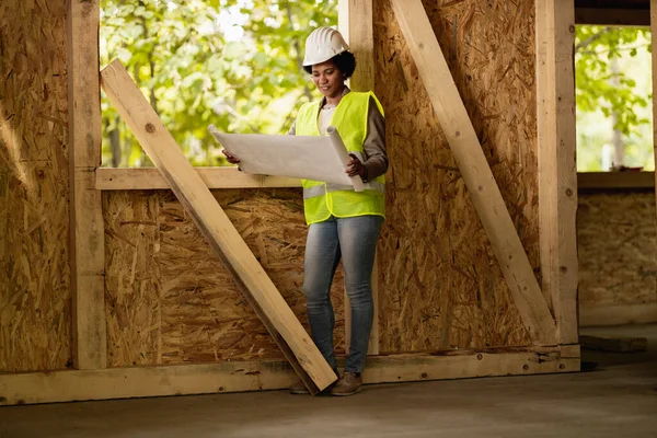 Shot African American Female Architect Checking Blueprints Construction Site New — Stock Photo, Image