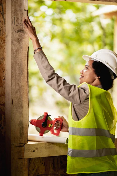 Shot African American Female Architect Measuring Window While Checking Construction — Stock Photo, Image