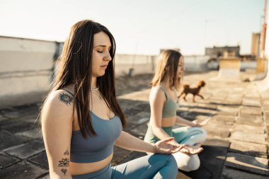 Two young women practicing yoga on a rooftop terrace.