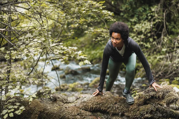 成熟したアフリカ系アメリカ人女性ハイカーは山の中を探索しながら岩を横断し 屋外トレーニングを楽しんでいます — ストック写真