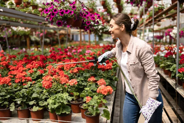 Young Woman Watering Flowers Caring Them Garden Center Plant Nursery — 스톡 사진