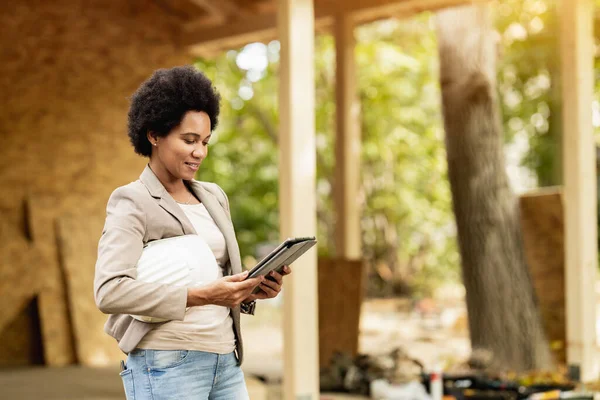 Shot African American Female Architect Using Digital Tablet Checking Construction — Stock Photo, Image