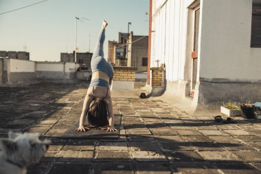 Rahat genç bir kadın terasta yoga yapıyor..