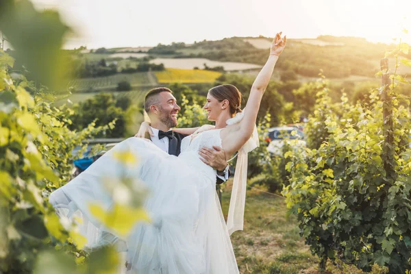 Веселый Жених Несущий Крутящий Свою Невесту Наслаждаясь Винограднике День Свадьбы — стоковое фото