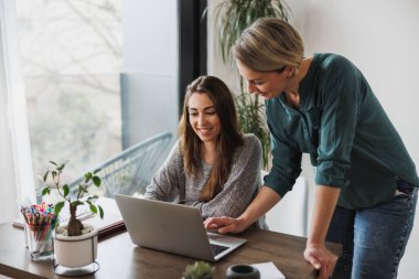 Takım çalışması, laptopta birlikte çalışan iki kadın, online görüşme..