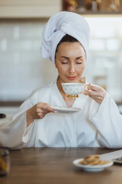 Attractive Woman Bathrobe Enjoying Tasty Coffee Having Morning Pleasure Ritual — Stock Photo, Image