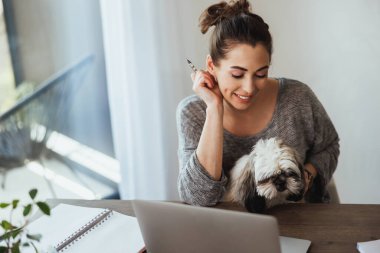 Evinden dizüstü bilgisayarla çalışan çekici genç bir bayan serbest yazar ve ona eşlik etmesi için evcil köpeğinin kucağında olması..