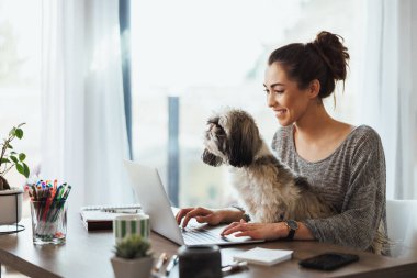 Evinden dizüstü bilgisayarla çalışan çekici genç bir bayan serbest yazar ve ona eşlik etmesi için evcil köpeğinin kucağında olması..