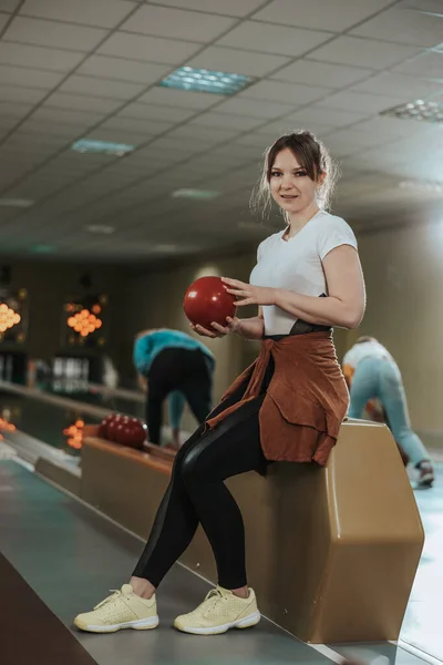 Shot Cute Young Woman Holding Bowling Ball Bowling Club Looking — Stockfoto