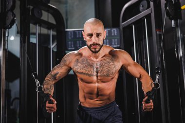Spor salonunda göğüs kasları için sıkı antrenman yapan genç bir fitness oyuncusunun fotoğrafı..