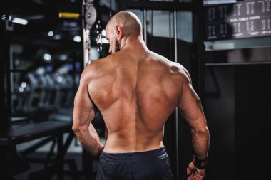 Spor salonunda egzersiz yaptıktan sonra mükemmel sırt kaslarını gösteren kaslı genç bir vücut geliştiricinin arka görünüşü..