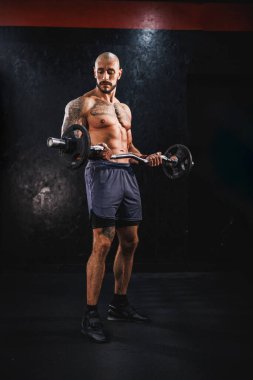 Kas geliştiren bir vücut geliştiricinin spor salonunda kol kasları için halterle sıkı antrenman yaparken görüntüsü..