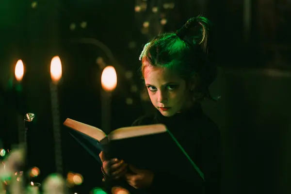 Portrait Cute Little Girl Holding Huge Old Book Preparing Halloween — Stock Photo, Image