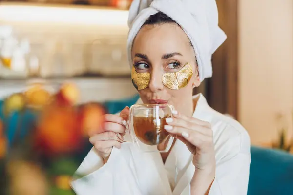 Attractive Woman Skincare Eye Patches Enjoying Morning Tea Relaxing Her — Stock Photo, Image