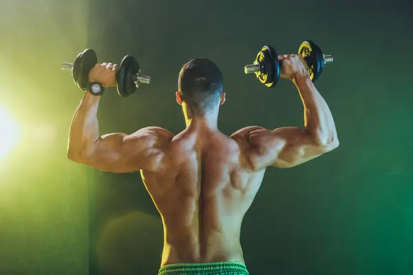 Rear View Muscular Bodybuilder Doing Hard Training Dumbbell Pumping His — Stock Photo, Image