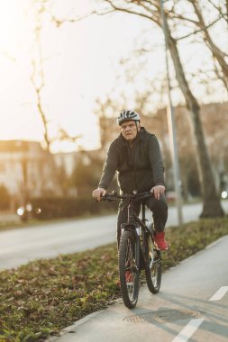 Kask takan son sınıf öğrencisi güneşli bir günde ağaçlarla çevrili bir caddede bisiklet sürmekten zevk alıyor..