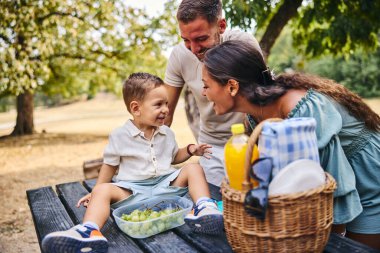 Çok ırklı aile piknik hazırlarken doğanın tadını çıkarıyor..