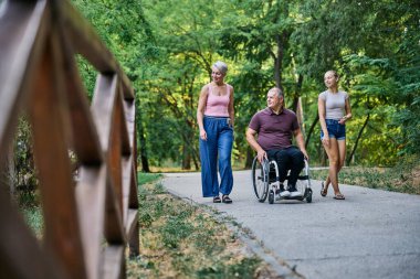 Bir aile, yemyeşil bir parkta güneşli bir günün tadını çıkarır. Bir üye tekerlekli sandalyede.. 