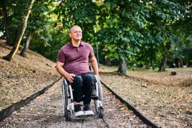 Tekerlekli sandalyedeki bir adam yemyeşil bir parkta huzur ve özgürlüğe kucak açan bir yürüyüşün tadını çıkarır..