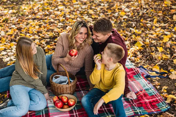 Mutlu, neşeli bir aile parkta piknik yapıyor ve sonbahar günü parkta elma yiyor.. 