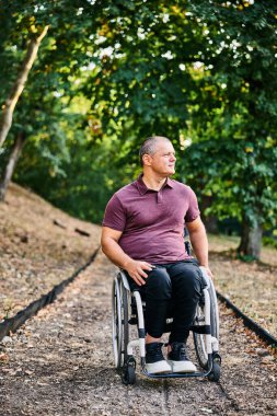 Tekerlekli sandalyedeki bir adam yemyeşil bir parkta huzur ve özgürlüğe kucak açan bir yürüyüşün tadını çıkarır..
