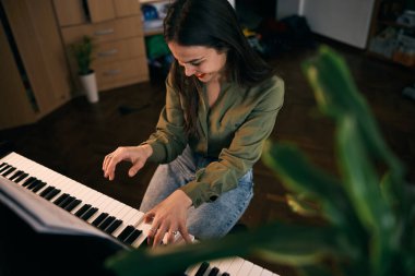 Güzel, gülümseyen bir kadın evde tutkuyla piyano çalıyor.. 