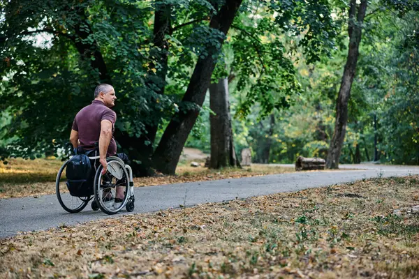 Tekerlekli sandalyedeki bir adam yemyeşil ağaçlarla çevrili huzurlu bir park yolunu keşfediyor.. 