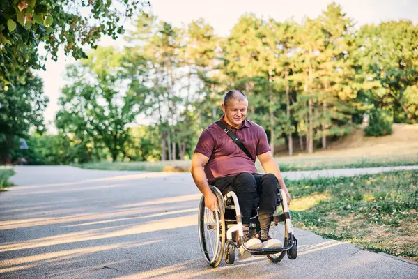 Tekerlekli sandalyedeki bir adam yemyeşil ağaçlarla çevrili huzurlu bir park yolunu keşfediyor.. 