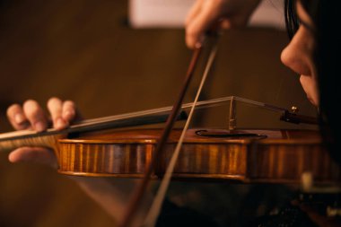 Mükemmel keman çalan genç bir bayanın yakın çekimi.