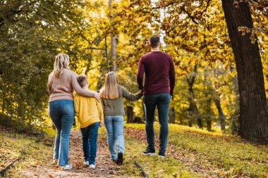 Güzel bir sonbahar parkında yürüyen dört kişilik mutlu bir ailenin arka görüntüsü.. 