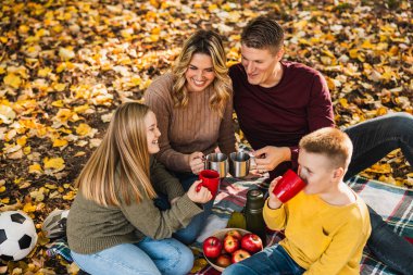 Dört kişilik mutlu ve neşeli bir aile güzel bir sonbahar gününde piknik yaparken parkta güzel bir gün geçiriyor.. 