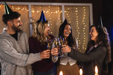 Bir grup genç bir doğum günü partisinde şampanyayla kadeh kaldırıyor..