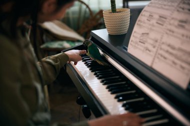 Genç bir kadın nota kağıdıyla piyano çalıyor, odak ve yaratıcılık anı yakalıyor..