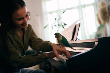 Tutkuyla piyano çalan, eğlenen ve evde bir anı yakalayan genç bir kadın.. 