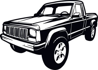 Klasik Kamyon 90 'lar, Kaslı araba, Klasik araba, Stencil, Siluet, Vector Clip Art - Kamyon 4x4 SUV off-road arabası ve beyaz üzerine izole edilmiş t-shirt ve amblem elementleri