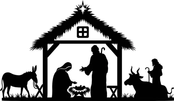 聖夜のシルエット マリアとジョセフと3人の賢者と一緒に 赤ちゃんイエスのシルエットのネイティビティシーン 動物や天使のキリスト教のクリスマスのシルエット イラスト用 — ストックベクタ