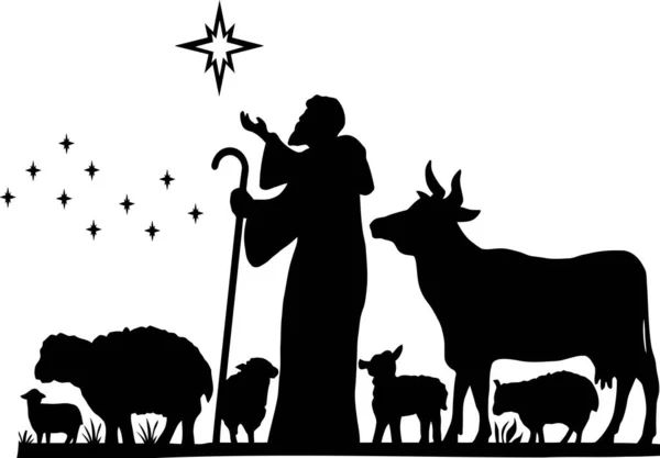 聖夜のシルエット マリアとジョセフと3人の賢者と一緒に 赤ちゃんイエスのシルエットのネイティビティシーン 動物や天使のキリスト教のクリスマスのシルエット イラスト用 — ストックベクタ