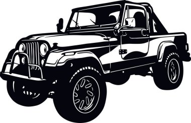 Klasik Kamyon 70 'ler, Kaslı araba, Klasik araba, Stencil, Siluet, Vector Clip Art - Kamyon 4x4 SUV off-road arabası ve beyaz üzerine izole edilmiş t-shirt ve amblem elementleri